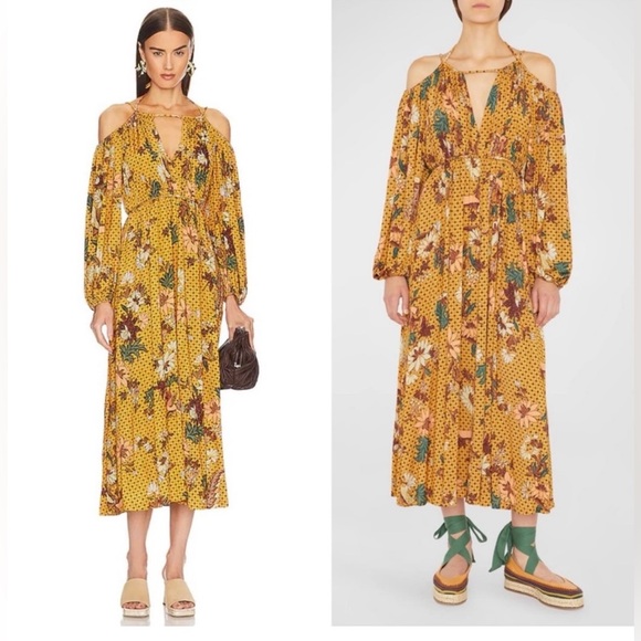 Ulla Johnson Noemi Cold Shoulder Floral Midi Dress Halterneck Size Petite - Picture 2 of 9